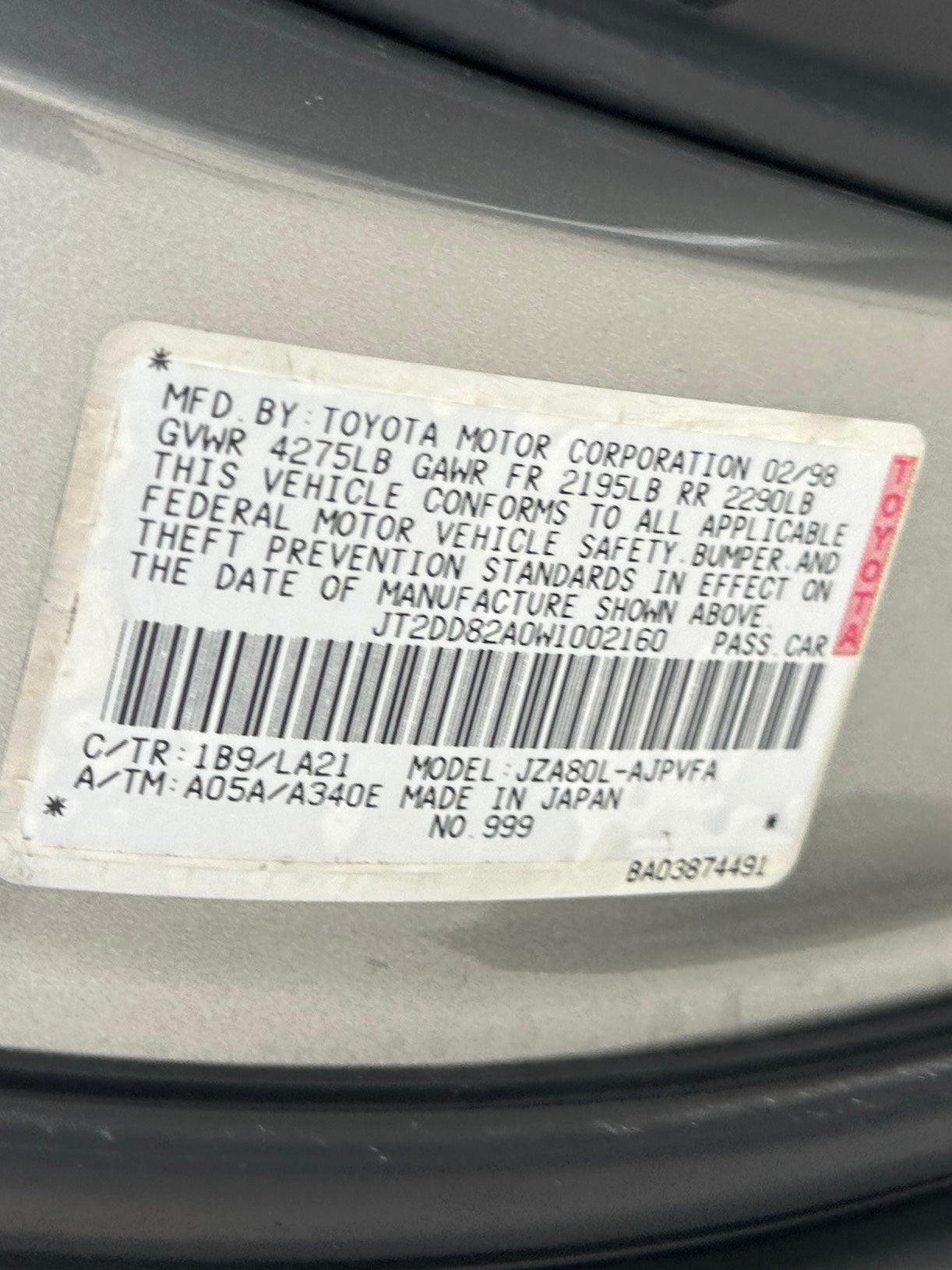 1998 Toyota Supra MKIV Targa Left Hand Drive